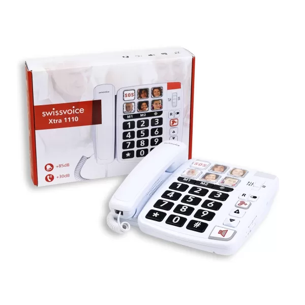 Side view of Swissvoice Xtra 1110 showcasing its audio boost and handsfree function
